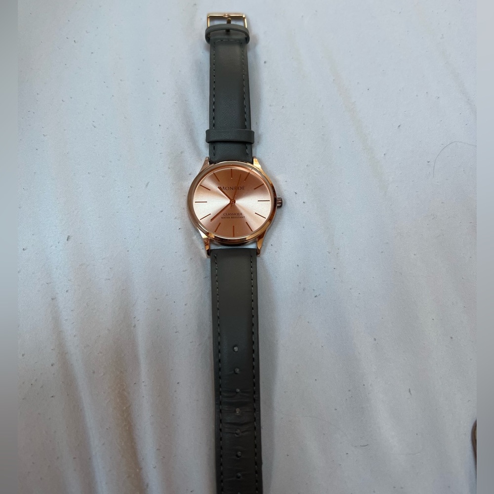 Monroe Classique Rose Gold Face Grey Leather Band Water Resistant Women's Watch